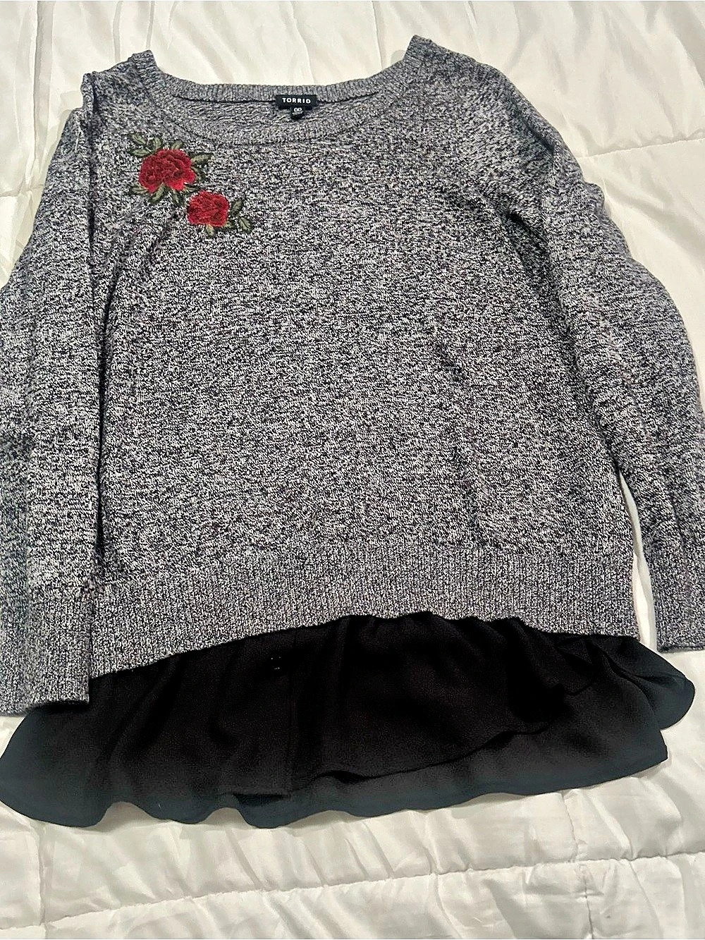 Torrid Grey Rose Embroidered Chiffon Hem Sweater Floral Layered Hem Sweater Size